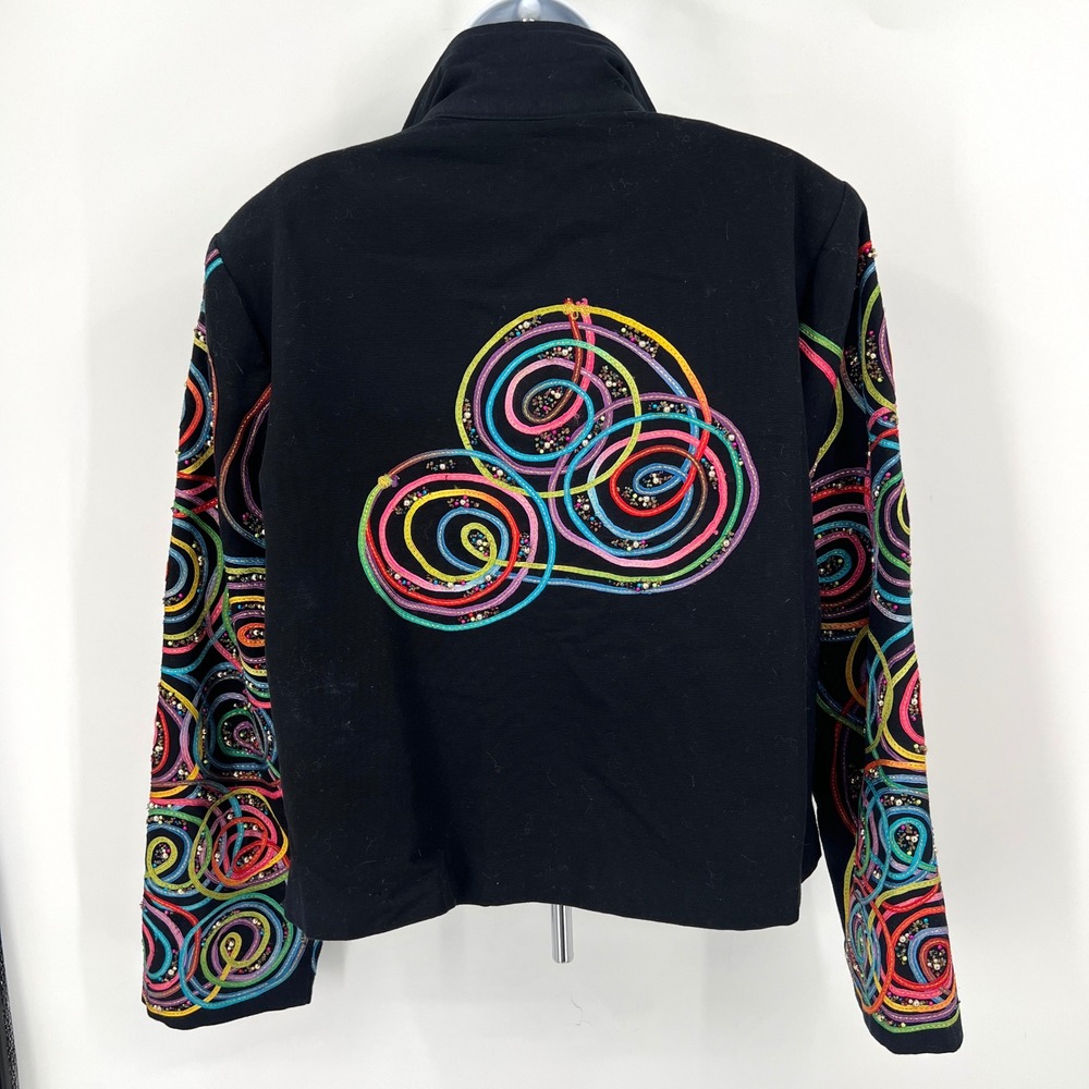 Vintage 90s Colorful Beaded Ribbon Jacket Black Circus Jester Maximalist Bright - Picture 5 of 9